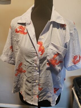 Blush Blue and White Striped Shirt with Red Accent